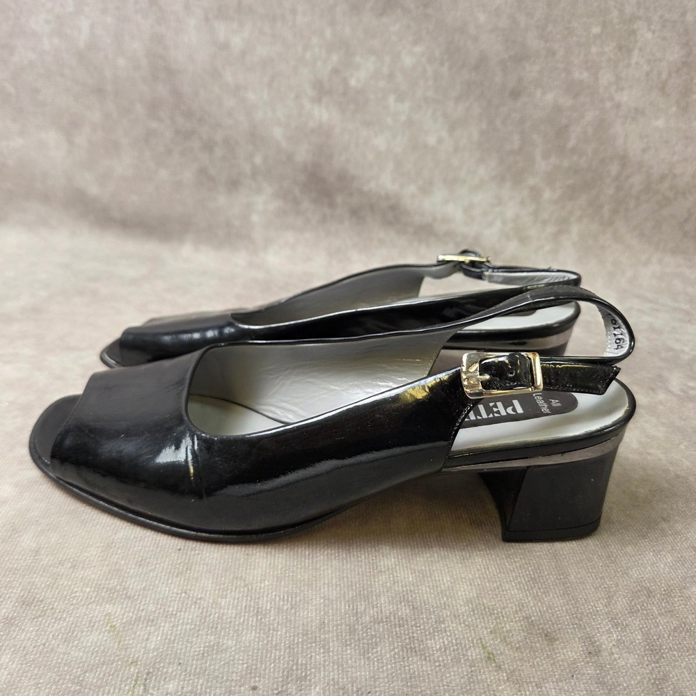 Peter Kaiser Blck Patent Leather Peep Toe Slingback Block Heels Size 4 761164 02